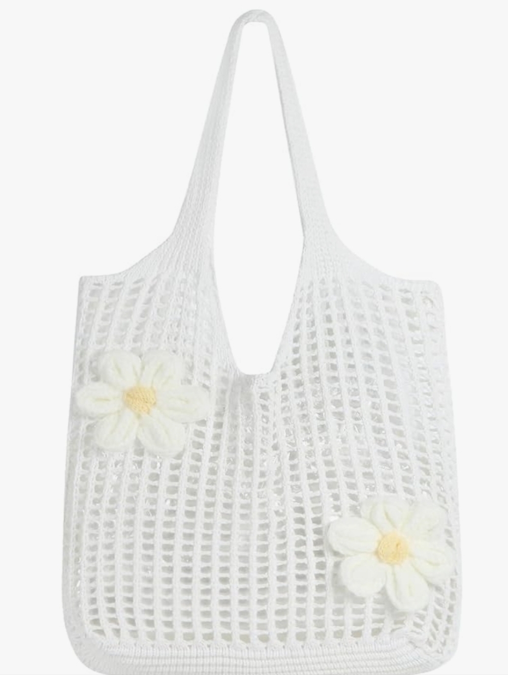 White Crochet Daisy Tote Bag - Feminine Knit Shopper